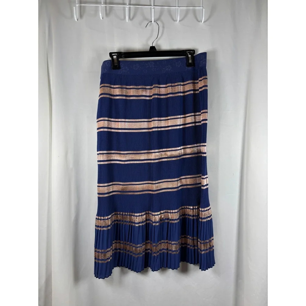 LuLaRoe Jill Skirt Womens XL‎ Navy Rose Gold Metallic Striped Pleated Midi New